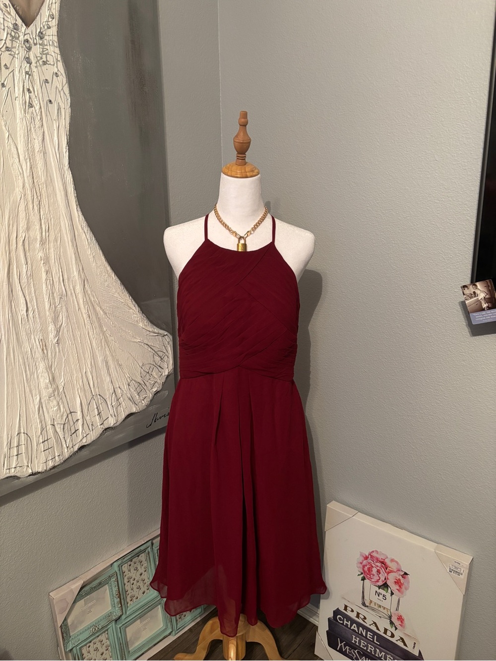 NWOT Halter Burgundy Mini Dress with Ruched Bodice size 12